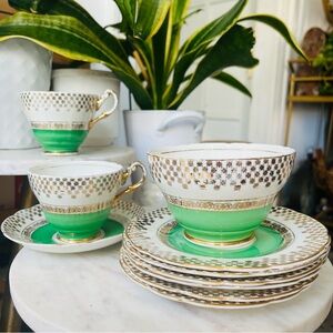 RARE 🔥 Harrowby England Tea Set Bone China Gold Green Jug Sugar Bowl HTF VTG